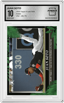 Juan Soto from the 2022 Topps X Juan Soto set featuring a Green parallel graded by Arena Club and given an overall grade of 10.
