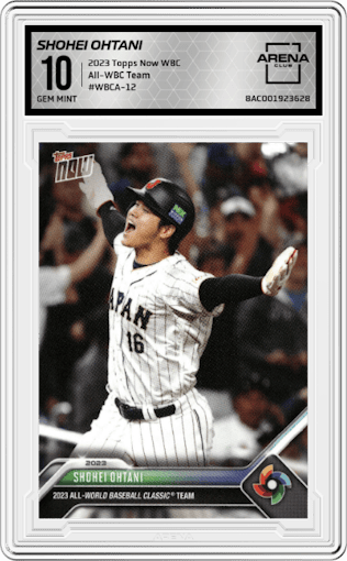 Shohei Ohtani from the 2023 Topps Now World Baseball Classic set graded by Arena Club and given an overall grade of 10.