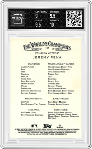 Jeremy Pena from the 2022 Topps Allen & Ginter Chrome set graded by Arena Club and given an overall grade of 9.5.