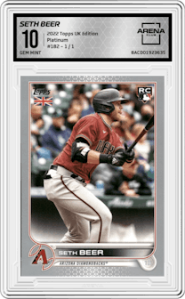 Seth Beer from the 2022 Topps Baseball UK Edition set featuring a Platinum parallel graded by Arena Club and given an overall grade of 10.