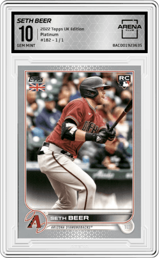 Seth Beer from the 2022 Topps Baseball UK Edition set featuring a Platinum parallel graded by Arena Club and given an overall grade of 10.