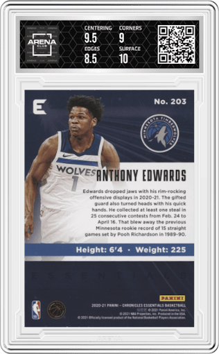 Anthony Edwards from the 2020-21 Panini Chronicles set featuring a Pink parallel graded by Arena Club and given an overall grade of 9.