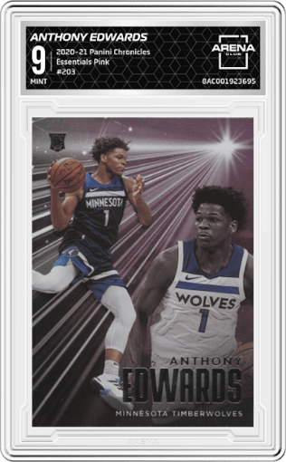 Anthony Edwards from the 2020-21 Panini Chronicles set featuring a Pink parallel graded by Arena Club and given an overall grade of 9.