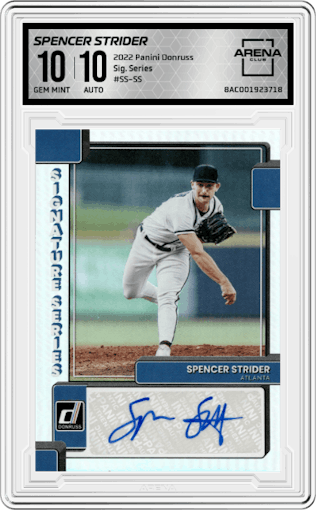 Spencer Strider from the 2022 Panini Donruss set graded by Arena Club and given an overall grade of 10.