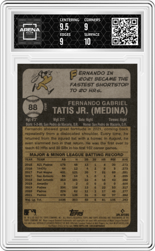 Fernando Tatis Jr. from the 2022 Topps Heritage set graded by Arena Club and given an overall grade of 9.5.