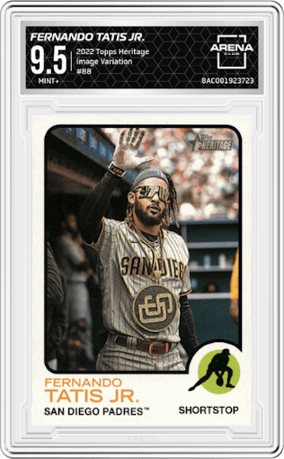 Fernando Tatis Jr. from the 2022 Topps Heritage set graded by Arena Club and given an overall grade of 9.5.