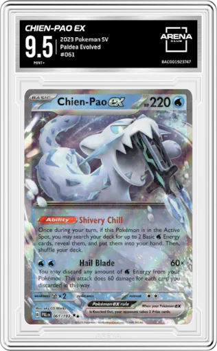 Chien-Pao ex from the 2023 Pokemon SV set graded by Arena Club and given an overall grade of 9.5.