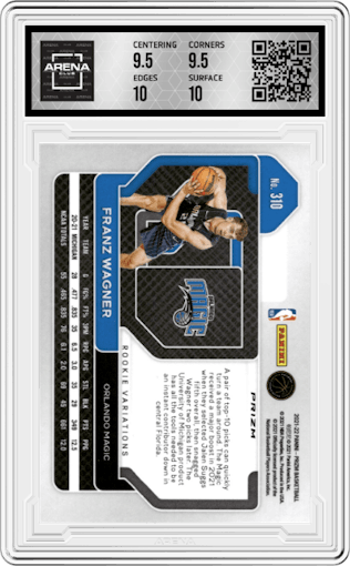Franz Wagner from the 2021-22 Panini Prizm  set featuring a Fast Break parallel graded by Arena Club and given an overall grade of 10.