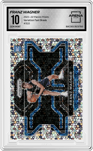 Franz Wagner from the 2021-22 Panini Prizm  set featuring a Fast Break parallel graded by Arena Club and given an overall grade of 10.