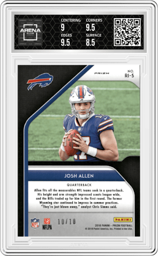 Josh Allen from the 2018 Panini Prizm set featuring a Gold Mojo parallel graded by Arena Club and given an overall grade of 9.