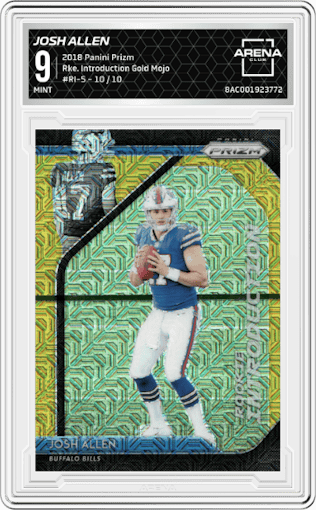 Josh Allen from the 2018 Panini Prizm set featuring a Gold Mojo parallel graded by Arena Club and given an overall grade of 9.