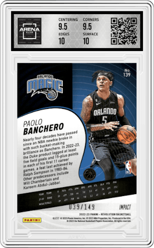 Paolo Banchero from the 2022-23 Panini Revolution  set featuring a Impact parallel graded by Arena Club and given an overall grade of 10.
