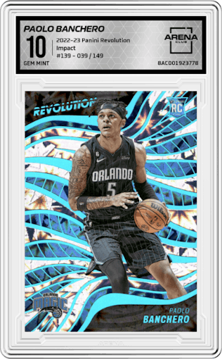 Paolo Banchero from the 2022-23 Panini Revolution  set featuring a Impact parallel graded by Arena Club and given an overall grade of 10.