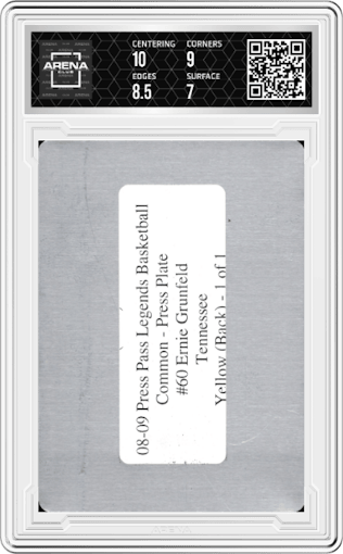 Ernie Grunfeld from the 2008-09 Press Pass Legends set featuring a Press Plates Yellow parallel graded by Arena Club and given an overall grade of 7.5.