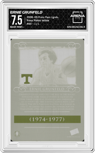 Ernie Grunfeld from the 2008-09 Press Pass Legends set featuring a Press Plates Yellow parallel graded by Arena Club and given an overall grade of 7.5.