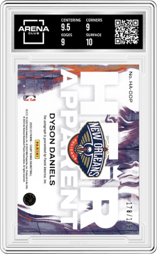 Dyson Daniels from the 2022-23 Panini Court Kings set graded by Arena Club and given an overall grade of 9.5.