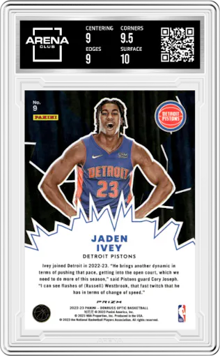 Jaden Ivey from the 2022-23 Panini Donruss Optic  set featuring a Purple parallel graded by Arena Club and given an overall grade of 9.5.