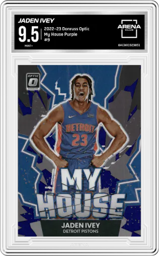 Jaden Ivey from the 2022-23 Panini Donruss Optic  set featuring a Purple parallel graded by Arena Club and given an overall grade of 9.5.