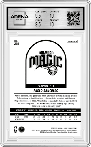 Paolo Banchero from the 2022-23 Panini NBA Hoops set graded by Arena Club and given an overall grade of 10.