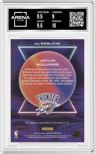 Jaylin Williams  from the 2022-23 Panini Recon set featuring a Red parallel graded by Arena Club and given an overall grade of 9.5.