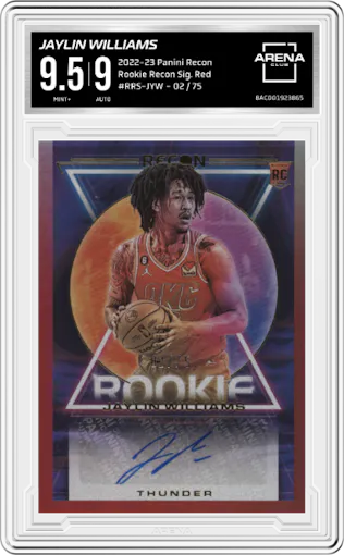 Jaylin Williams  from the 2022-23 Panini Recon set featuring a Red parallel graded by Arena Club and given an overall grade of 9.5.