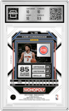 Cade Cunningham from the 2022-23 Panini Prizm Monopoly set featuring a Gold Prizm parallel graded by Arena Club and given an overall grade of 10.