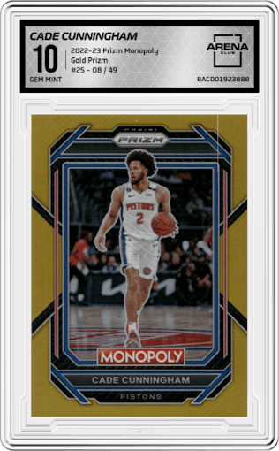 Cade Cunningham from the 2022-23 Panini Prizm Monopoly set featuring a Gold Prizm parallel graded by Arena Club and given an overall grade of 10.