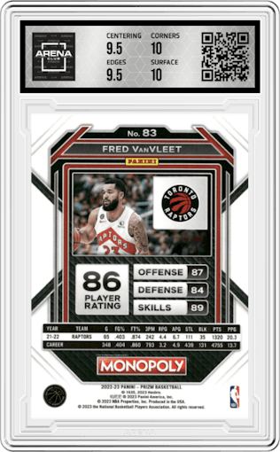 Fred VanVleet from the 2022-23 Panini Prizm Monopoly set graded by Arena Club and given an overall grade of 10.