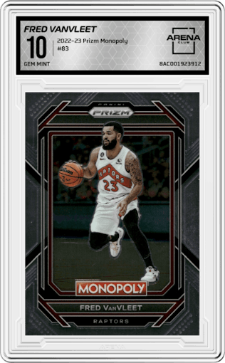 Fred VanVleet from the 2022-23 Panini Prizm Monopoly set graded by Arena Club and given an overall grade of 10.