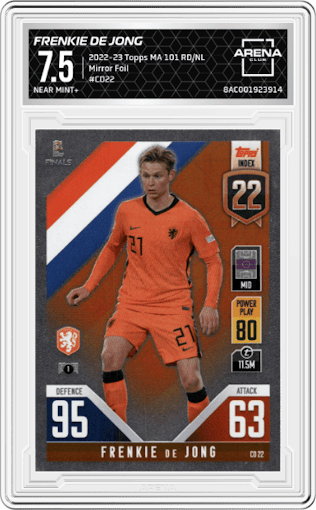 Frenkie de Jong from the 2022-23 Topps Match Attax 101 Road to UEFA Nations League Finals set featuring a Mirror Foil parallel graded by Arena Club and given an overall grade of 7.5.