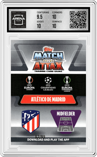 Yannick Carrasco from the 2021-22 Topps Chrome Match Attax UEFA Champions League set featuring a Neon Green Refractor parallel graded by Arena Club and given an overall grade of 10.