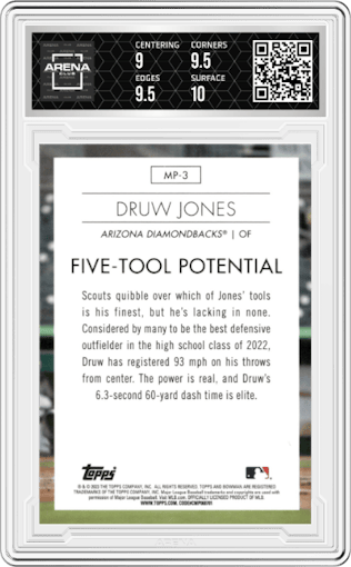 Druw Jones from the 2023 Bowman  set graded by Arena Club and given an overall grade of 9.5.