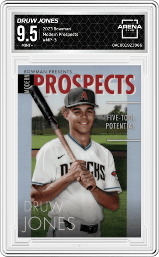 Druw Jones from the 2023 Bowman  set graded by Arena Club and given an overall grade of 9.5.