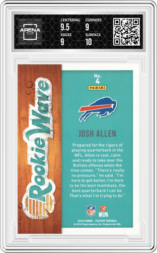 Josh Allen from the 2018 Panini Playoff set graded by Arena Club and given an overall grade of 9.5.