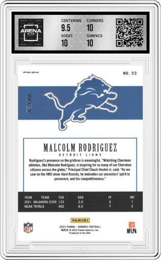 Malcolm Rodriguez from the 2022 Panini Honors set featuring a Orange parallel graded by Arena Club and given an overall grade of 10.