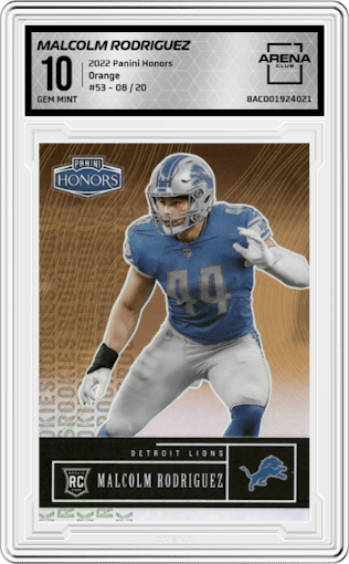 Malcolm Rodriguez from the 2022 Panini Honors set featuring a Orange parallel graded by Arena Club and given an overall grade of 10.