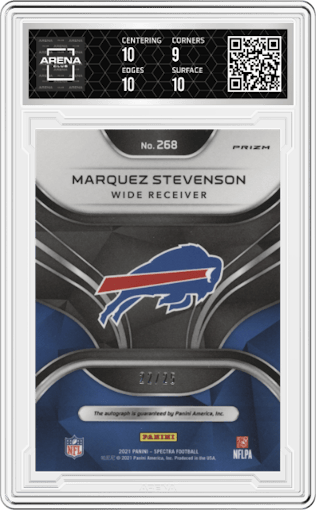 Marquez Stevenson from the 2021 Panini Spectra set featuring a Meta parallel graded by Arena Club and given an overall grade of 9.5.
