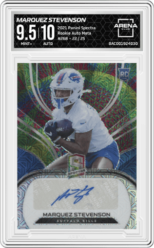 Marquez Stevenson from the 2021 Panini Spectra set featuring a Meta parallel graded by Arena Club and given an overall grade of 9.5.