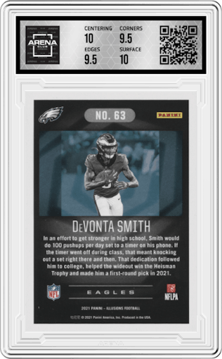 DeVonta Smith from the 2021 Panini Illusions set featuring a Trophy Collection Galaxy parallel graded by Arena Club and given an overall grade of 10.