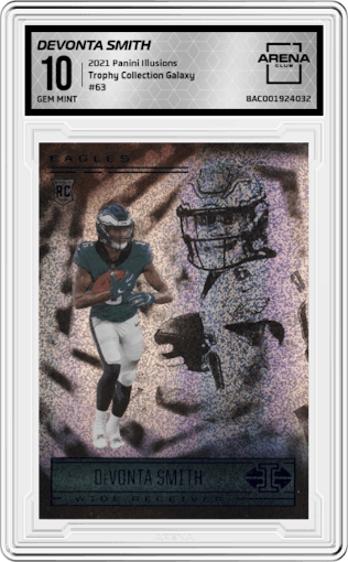 DeVonta Smith from the 2021 Panini Illusions set featuring a Trophy Collection Galaxy parallel graded by Arena Club and given an overall grade of 10.