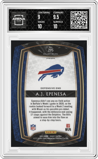 A.J. Epenesa from the 2020 Panini Select set featuring a Die-Cut White parallel graded by Arena Club and given an overall grade of 9.5.