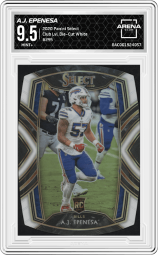 A.J. Epenesa from the 2020 Panini Select set featuring a Die-Cut White parallel graded by Arena Club and given an overall grade of 9.5.