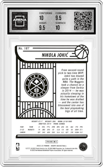 Nikola Jokic from the 2022-23 Panini NBA Hoops set featuring a Blue parallel graded by Arena Club and given an overall grade of 10.