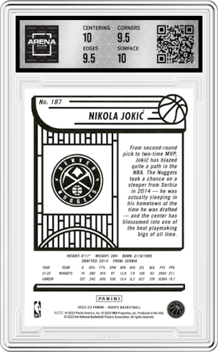 Nikola Jokic from the 2022-23 Panini NBA Hoops set featuring a Blue parallel graded by Arena Club and given an overall grade of 10.
