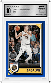 Nikola Jokic from the 2022-23 Panini NBA Hoops set featuring a Blue parallel graded by Arena Club and given an overall grade of 10.