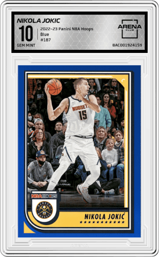 Nikola Jokic from the 2022-23 Panini NBA Hoops set featuring a Blue parallel graded by Arena Club and given an overall grade of 10.