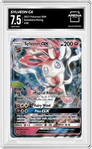 Sylveon GX from the 2017 Pokemon S&M set graded by Arena Club and given an overall grade of 7.5.