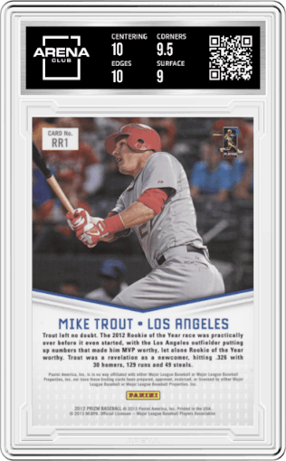Mike Trout from the 2012 Panini Prizm set graded by Arena Club and given an overall grade of 9.5.