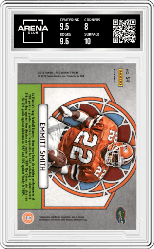 Emmitt Smith from the 2019 Panini Prizm Draft Picks set featuring a Purple parallel graded by Arena Club and given an overall grade of 8.5.