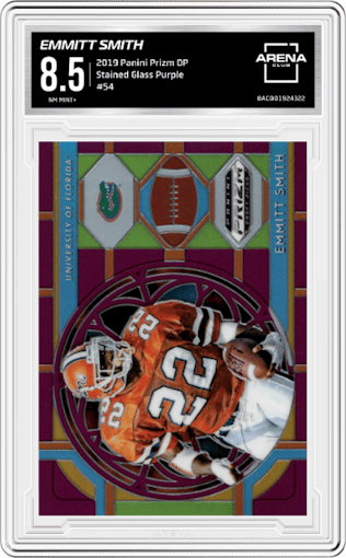 Emmitt Smith from the 2019 Panini Prizm Draft Picks set featuring a Purple parallel graded by Arena Club and given an overall grade of 8.5.